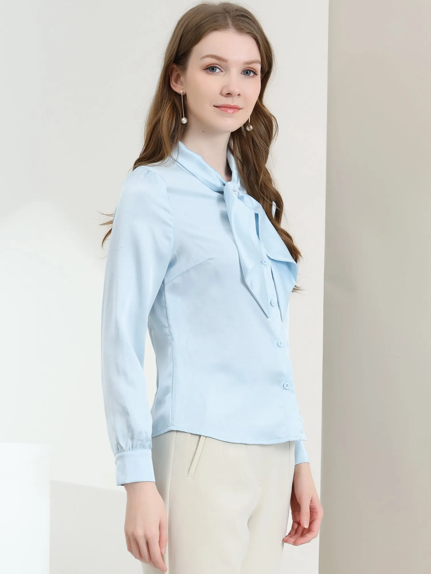 Work Top Satin Blouse Tie Neck Long sleeve Button Up Shirt