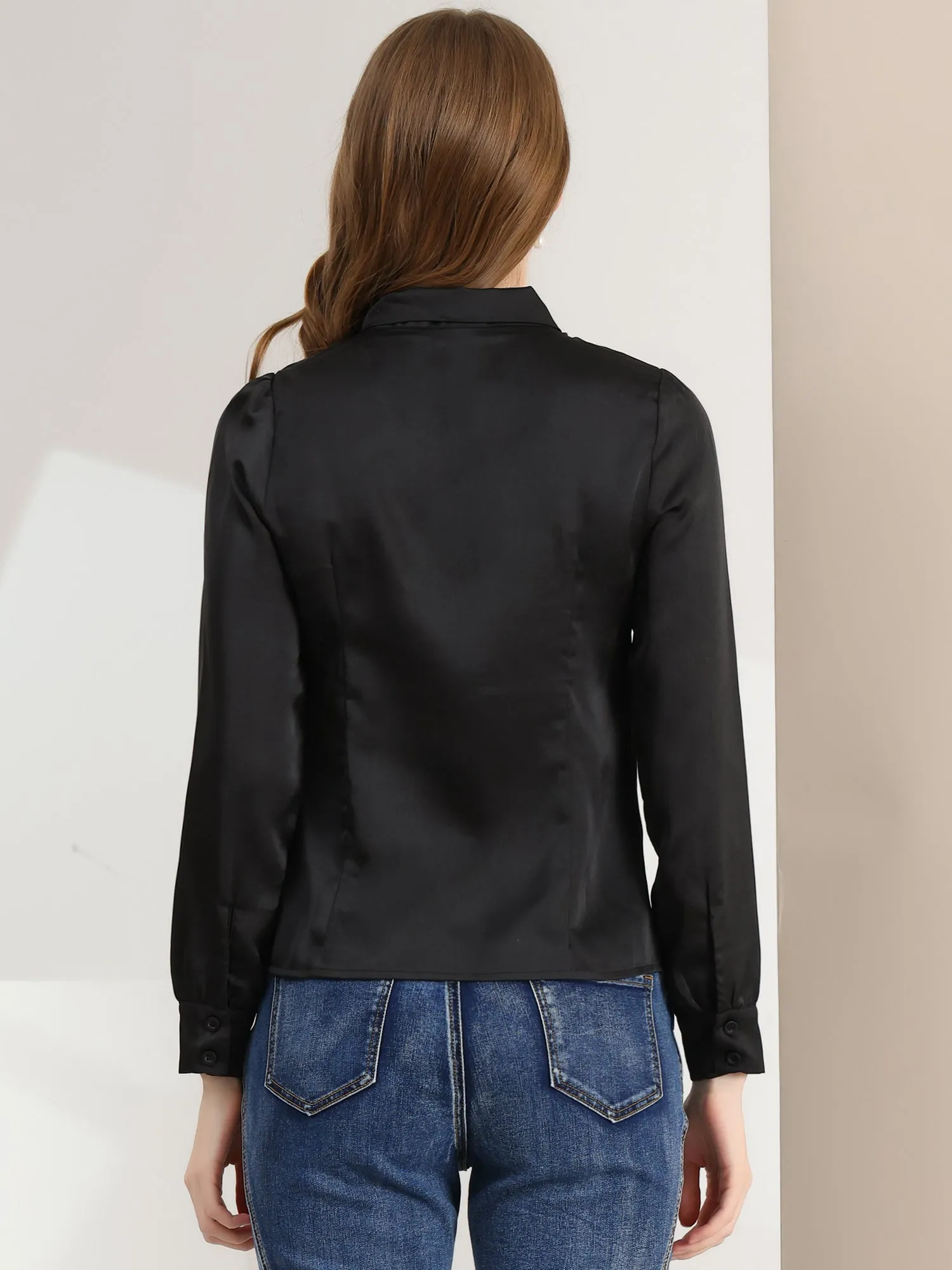 Work Top Satin Blouse Tie Neck Long sleeve Button Up Shirt