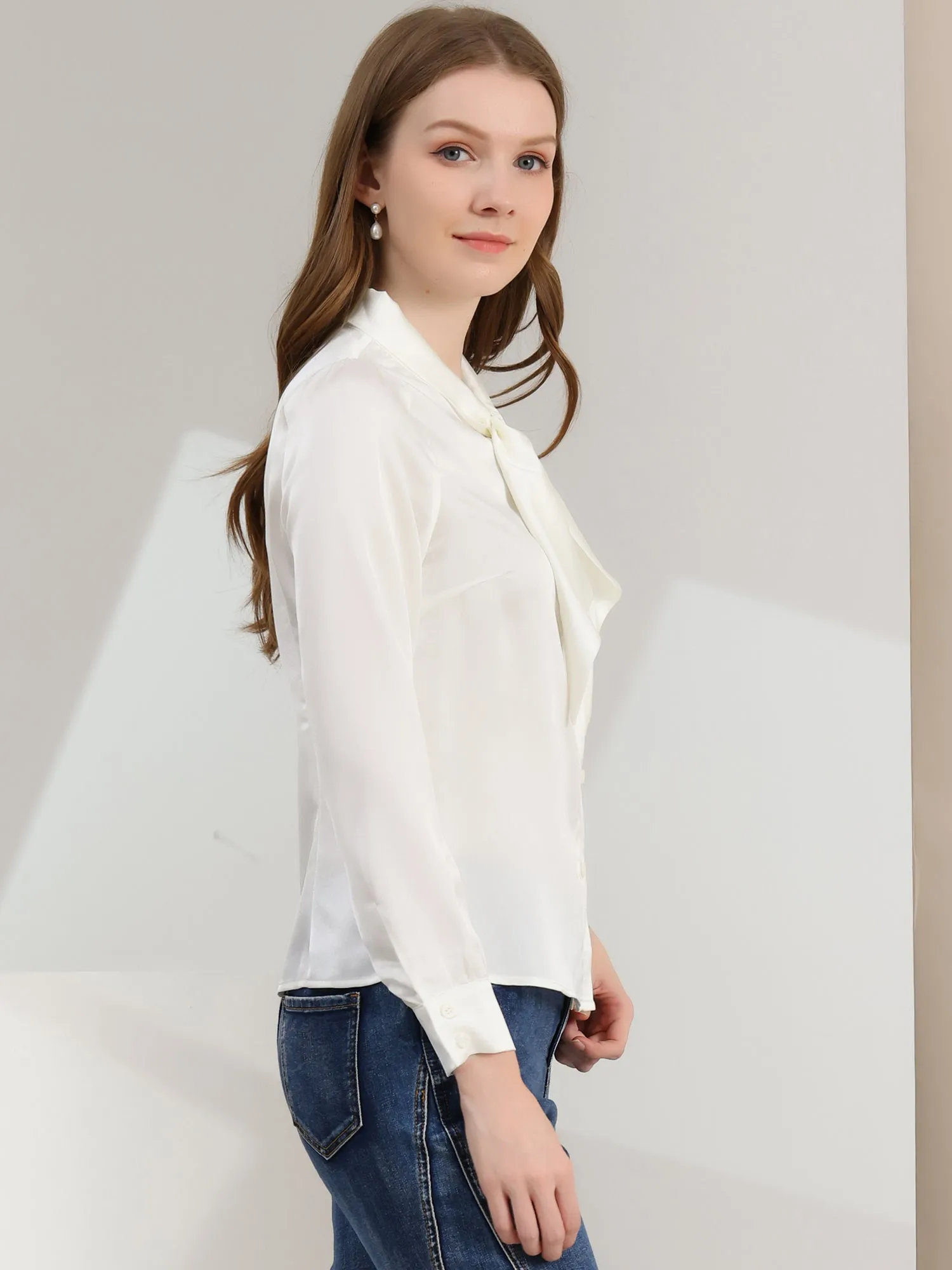 Work Top Satin Blouse Tie Neck Long sleeve Button Up Shirt