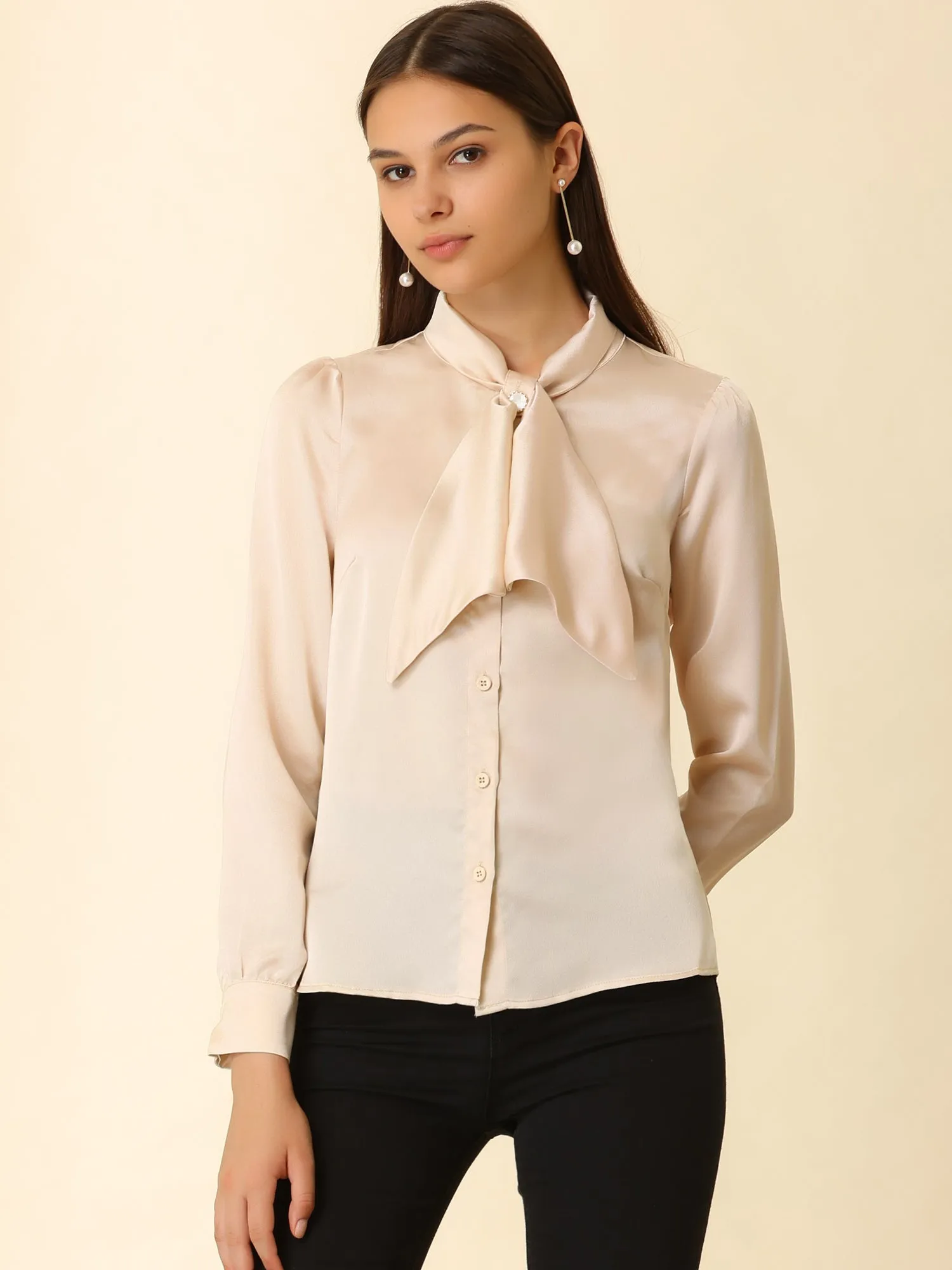 Work Top Satin Blouse Tie Neck Long sleeve Button Up Shirt