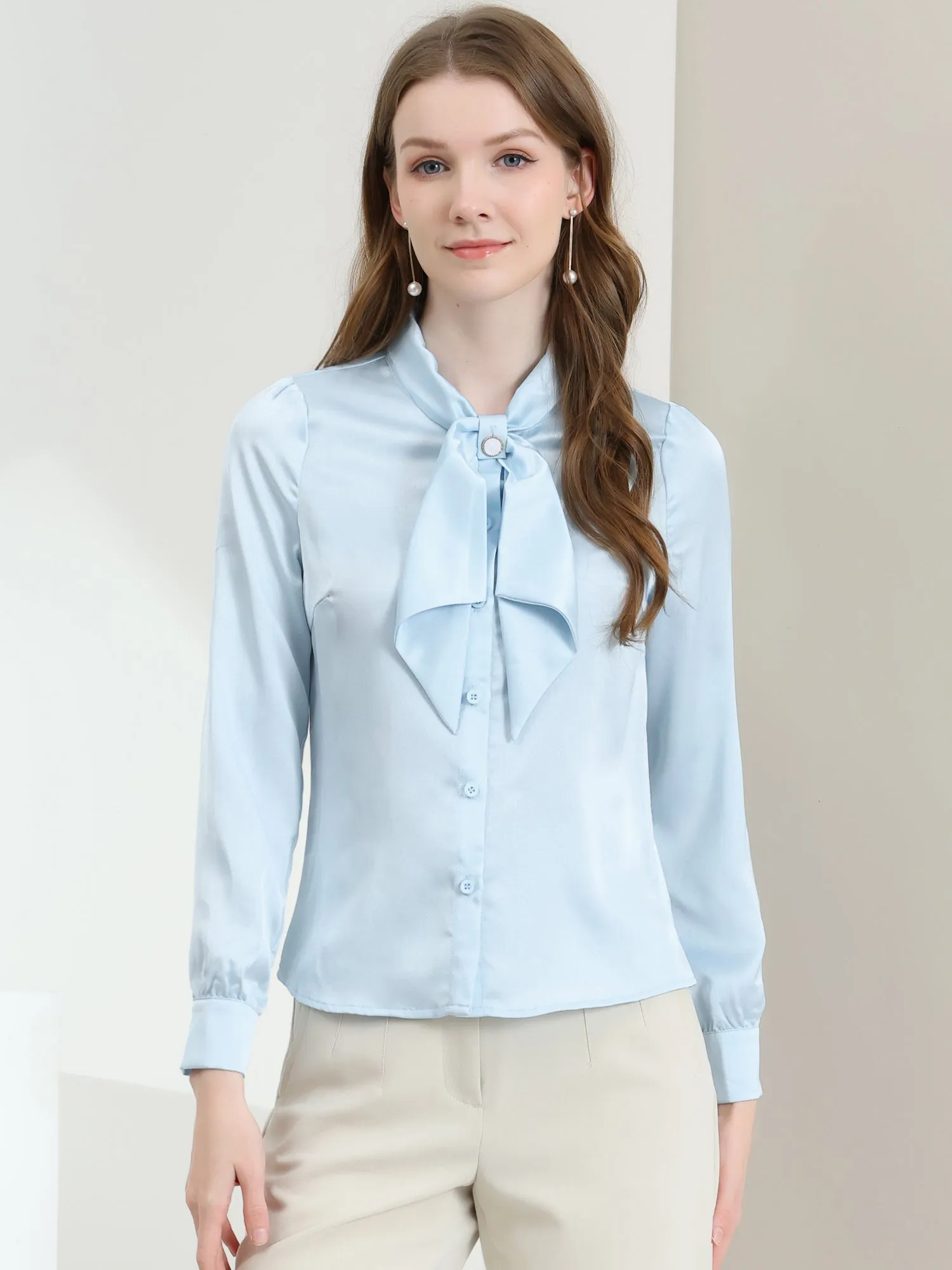 Work Top Satin Blouse Tie Neck Long sleeve Button Up Shirt