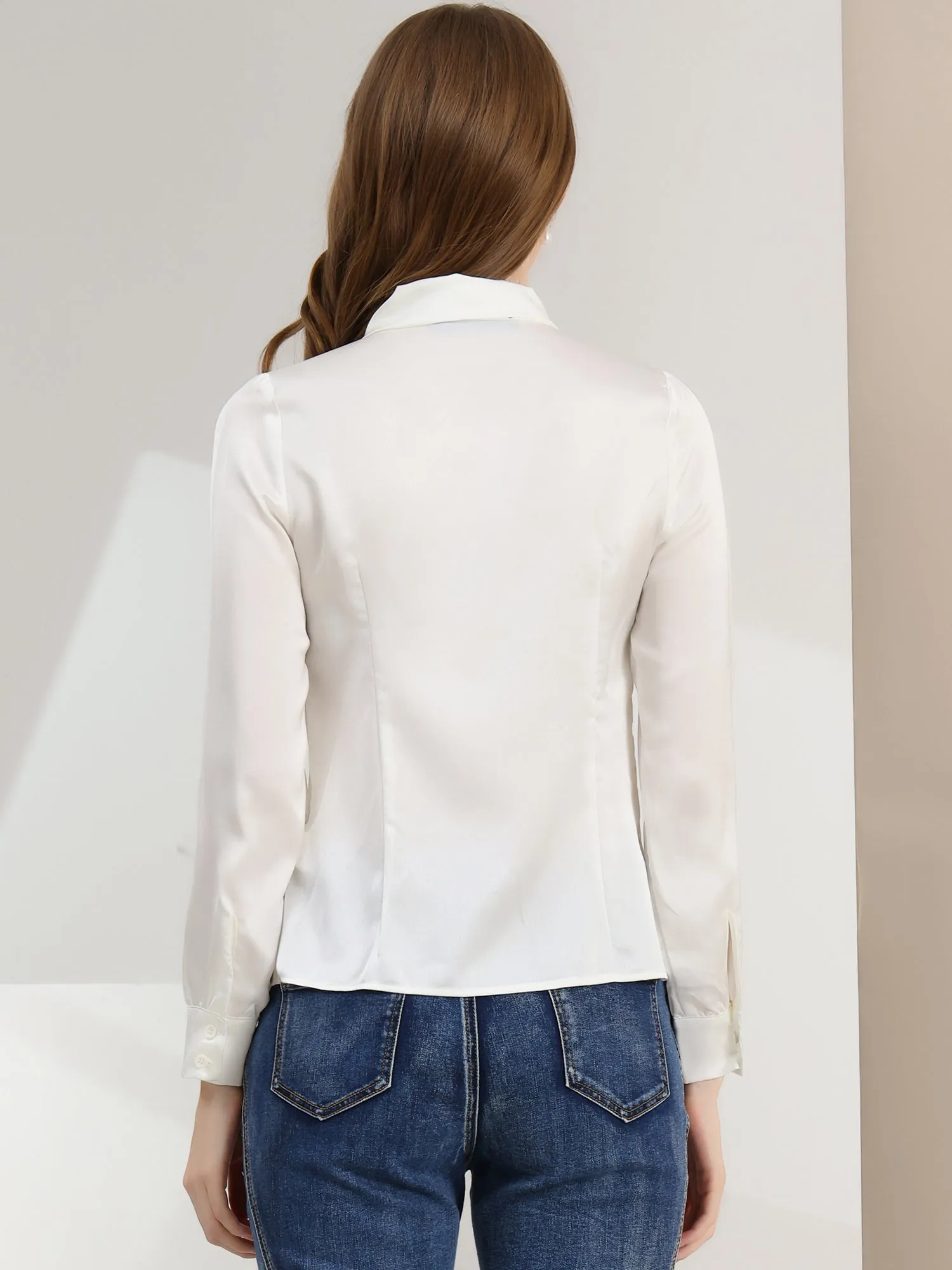 Work Top Satin Blouse Tie Neck Long sleeve Button Up Shirt