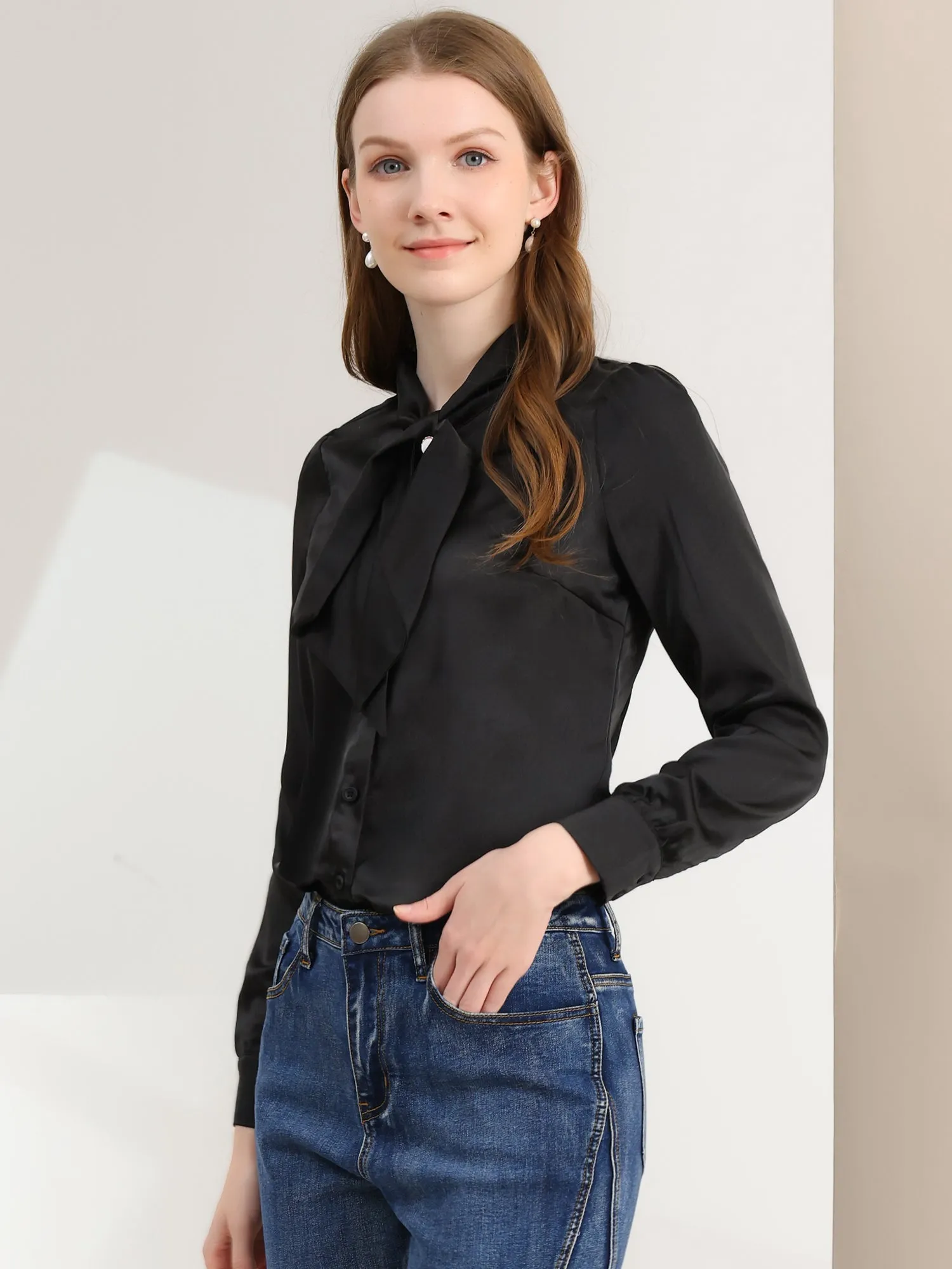 Work Top Satin Blouse Tie Neck Long sleeve Button Up Shirt