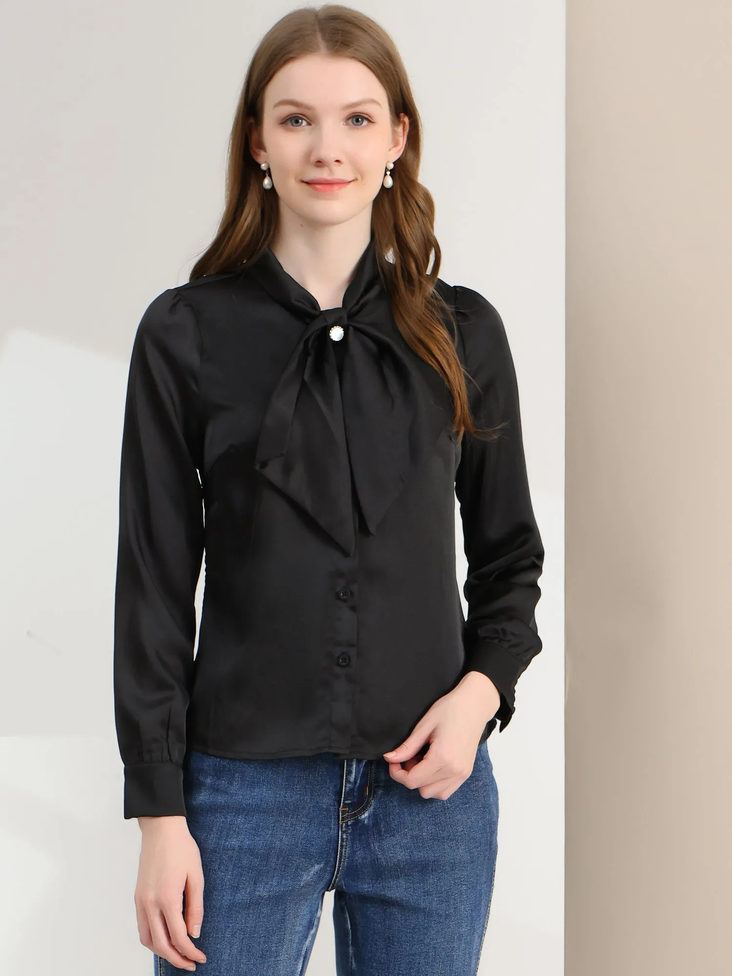 Work Top Satin Blouse Tie Neck Long sleeve Button Up Shirt
