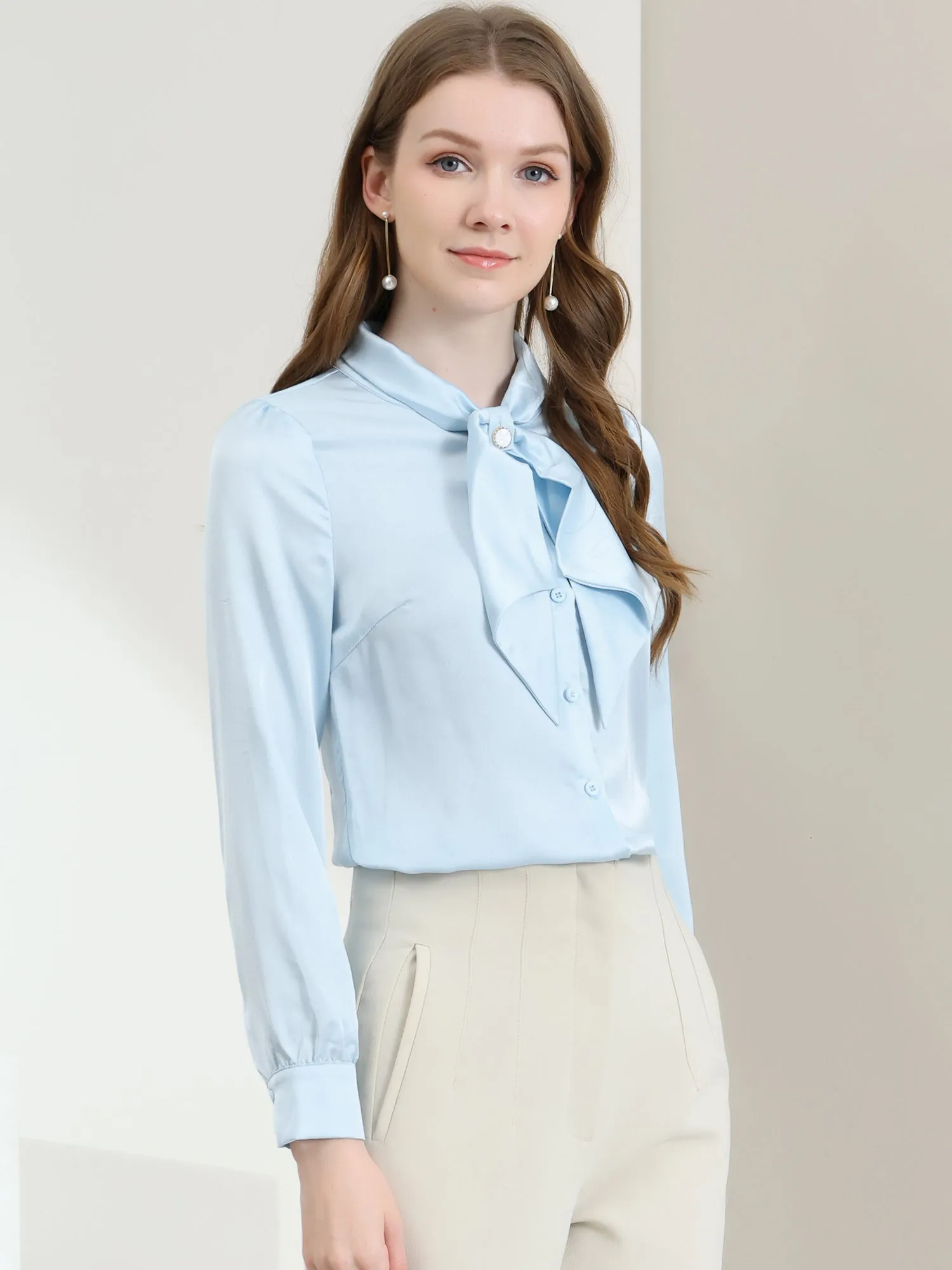 Work Top Satin Blouse Tie Neck Long sleeve Button Up Shirt